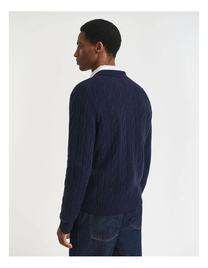 Lambswool Cable Knit Polo Sweater in Evening Blue image 2