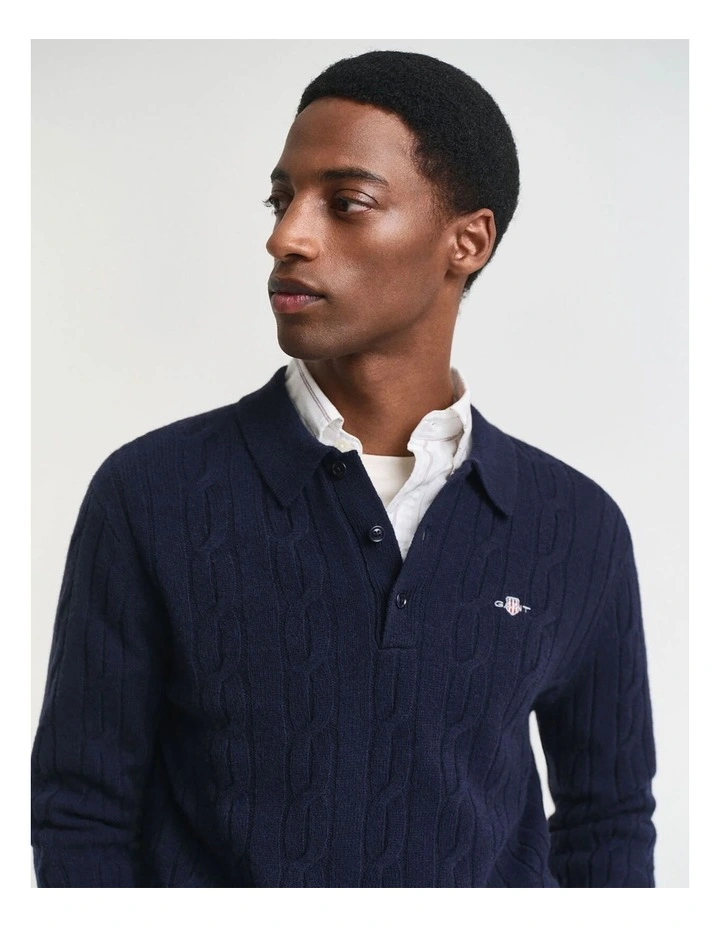 Lambswool Cable Knit Polo Sweater in Evening Blue image 3