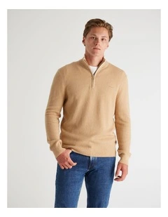 Textured Cotton Merino Half Zip Knit in Khaki Melange