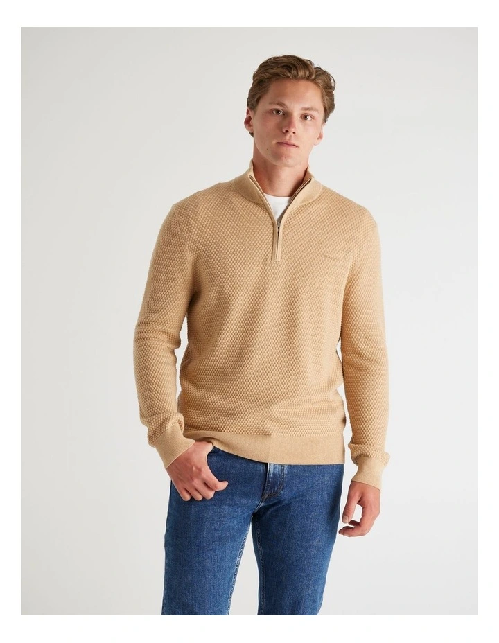Textured Cotton Merino Half Zip Knit in Khaki Melange image 1