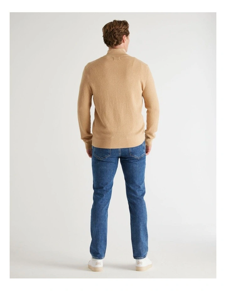 Textured Cotton Merino Half Zip Knit in Khaki Melange image 2