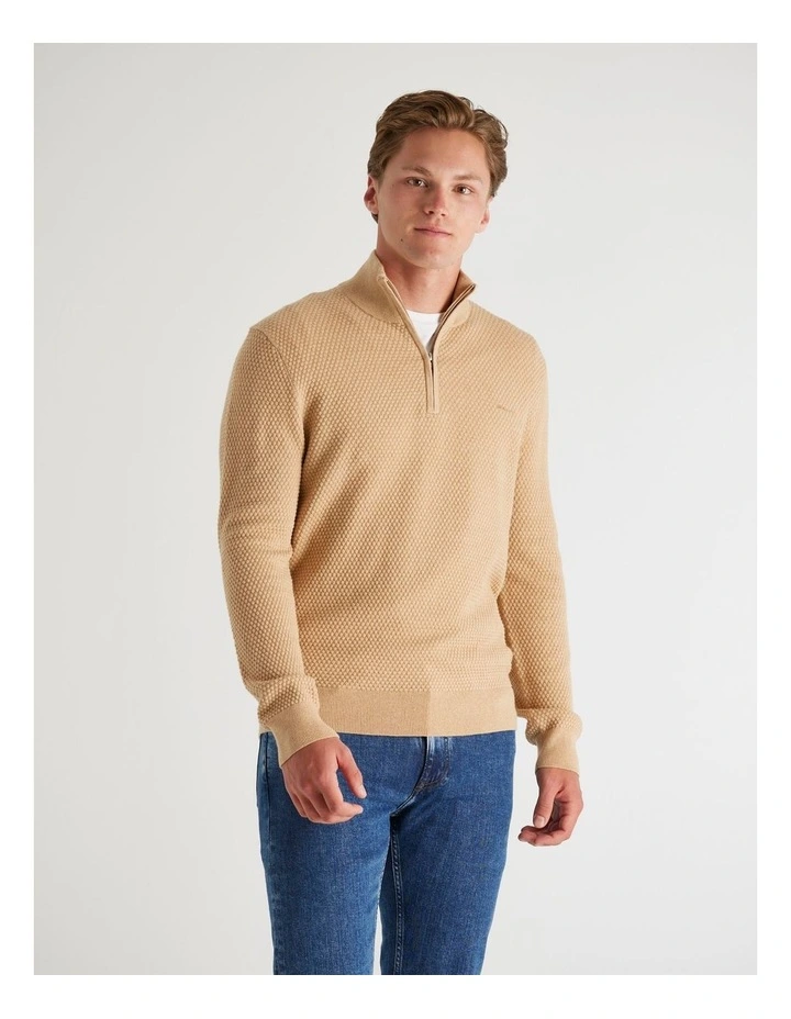 Textured Cotton Merino Half Zip Knit in Khaki Melange image 3