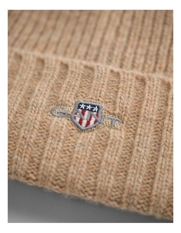 Unisex Shield Wool Beanie in Khaki Melange image 2