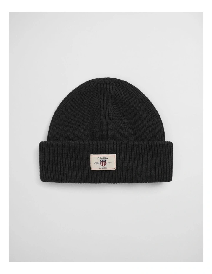 Cotton Blend Ribbed Beanie in Black image 1