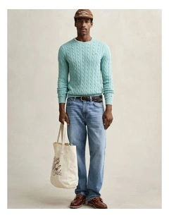 Cotton Cable Knit Crew Neck Sweater in Muted Turquoise