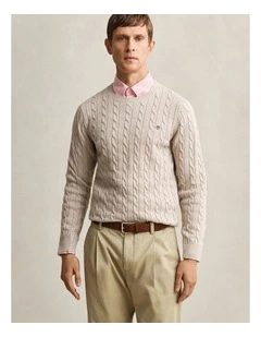 Cotton Cable Crewneck in Oat Melange