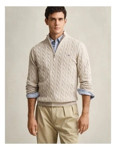 Cotton Cable Half Zip in Oat Melange