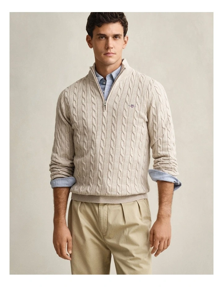8050603 COTTON CABLE HALF ZIP OAT MELANGE image 1