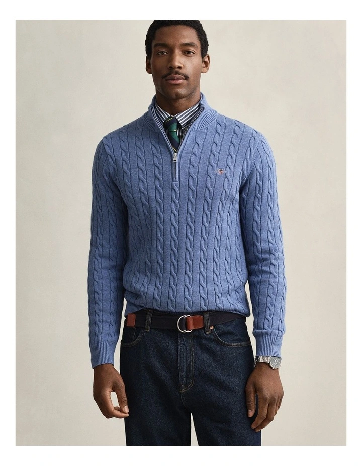 Cotton Cable Half Zip Knit Sweater in Denim Blue Melange image 1