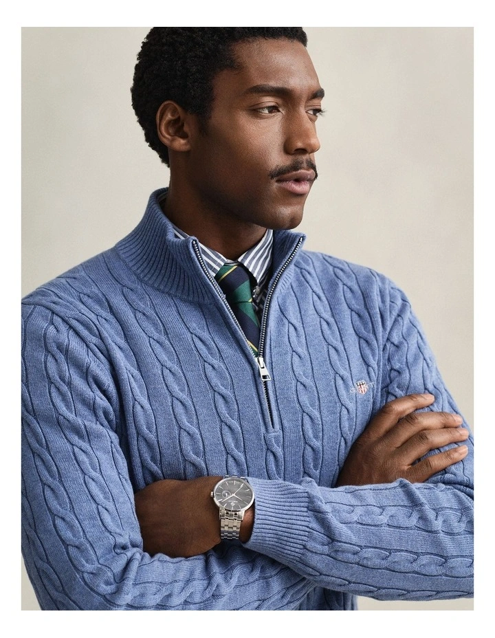 Cotton Cable Half Zip Knit Sweater in Denim Blue Melange image 2