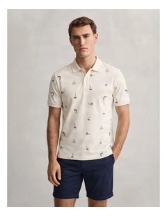 Embroidered Short Sleeved Polo in Creamed White