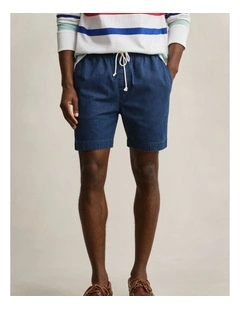 Denim Drawstring Shorts in Mid Blue