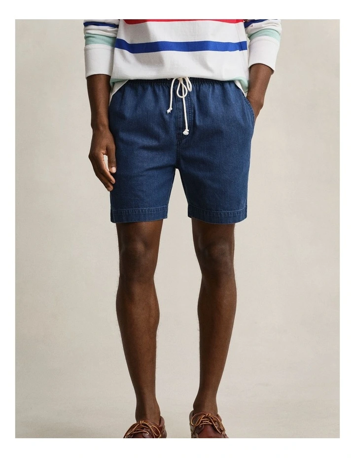 Denim Drawstring Shorts in Mid Blue image 1