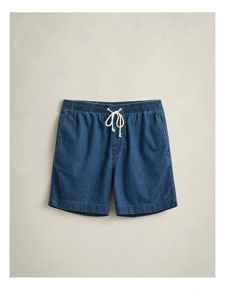 Denim Drawstring Shorts in Mid Blue image 6
