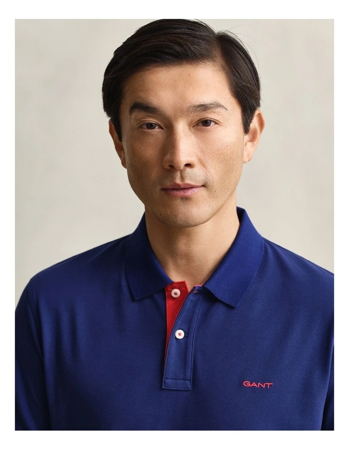 Contrast Piqu Polo Shirt in Rich Navy image 3