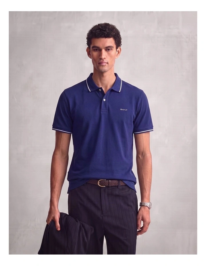 Tipped Pique Polo Shirt in Rich Navy image 1