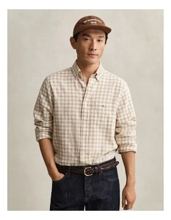 Gingham Linen Blend Shirt in Oat Beige