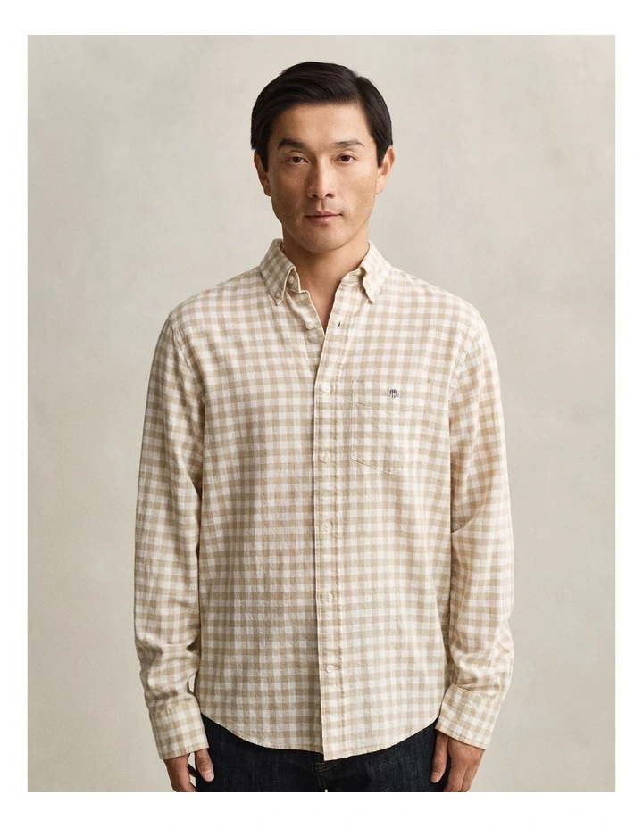 Gingham Linen Blend Shirt in Oat Beige image 4