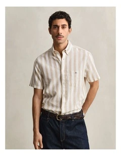 Striped Linen Blend Short Sleeve Shirt in Oat Beige