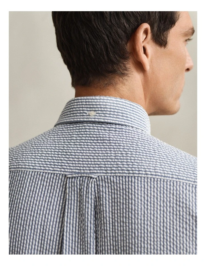 Striped Seersucker Short Sleeve Shirt in Vintage Blue image 3