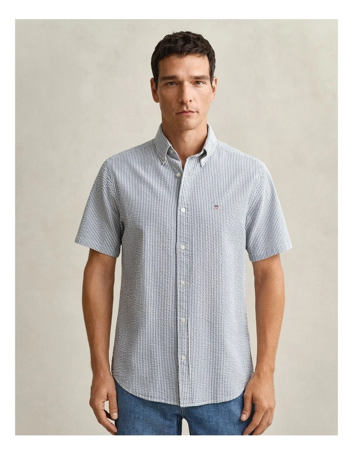 Striped Seersucker Short Sleeve Shirt in Vintage Blue image 4