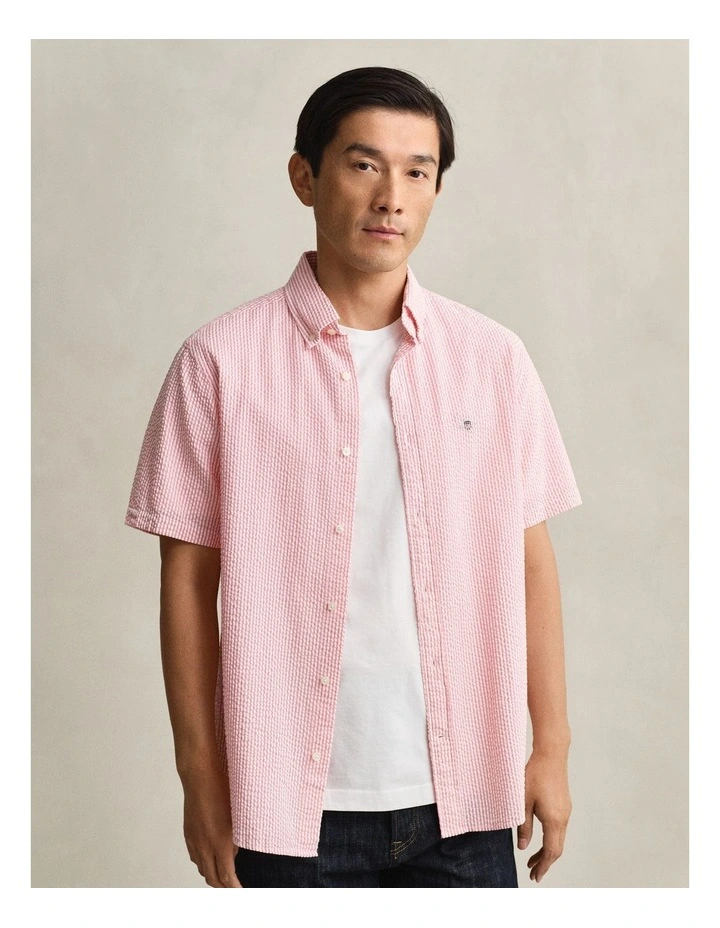Striped Seersucker Short Sleeve Shirt in Rose Pink image 1