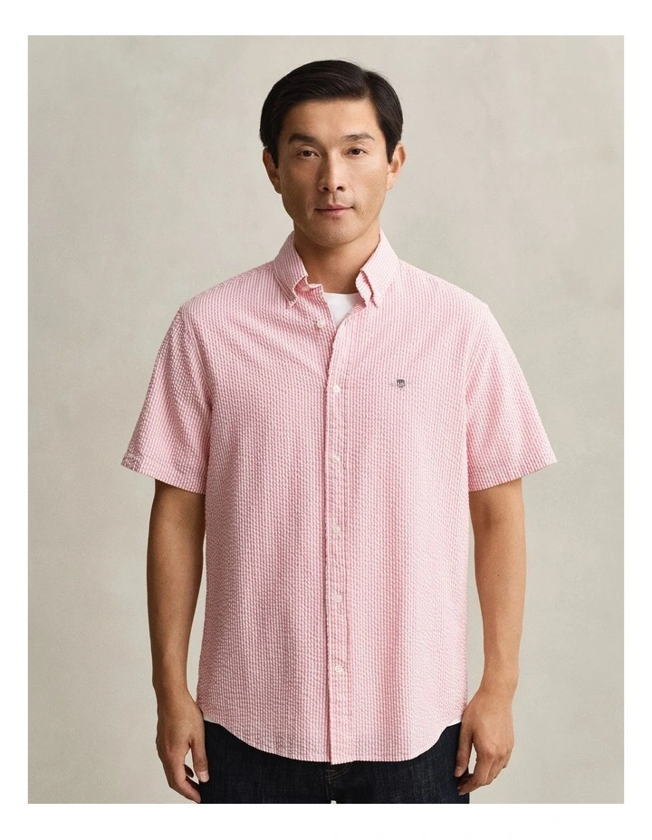 Striped Seersucker Short Sleeve Shirt in Rose Pink image 4