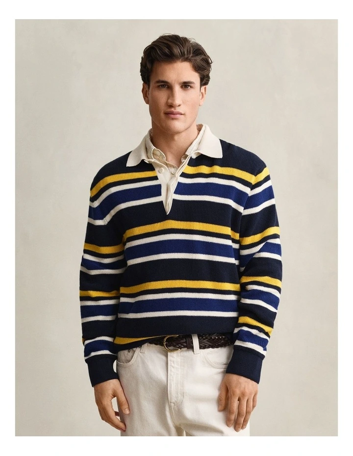 Striped Rib Polo Sweater in Evening Blue image 1