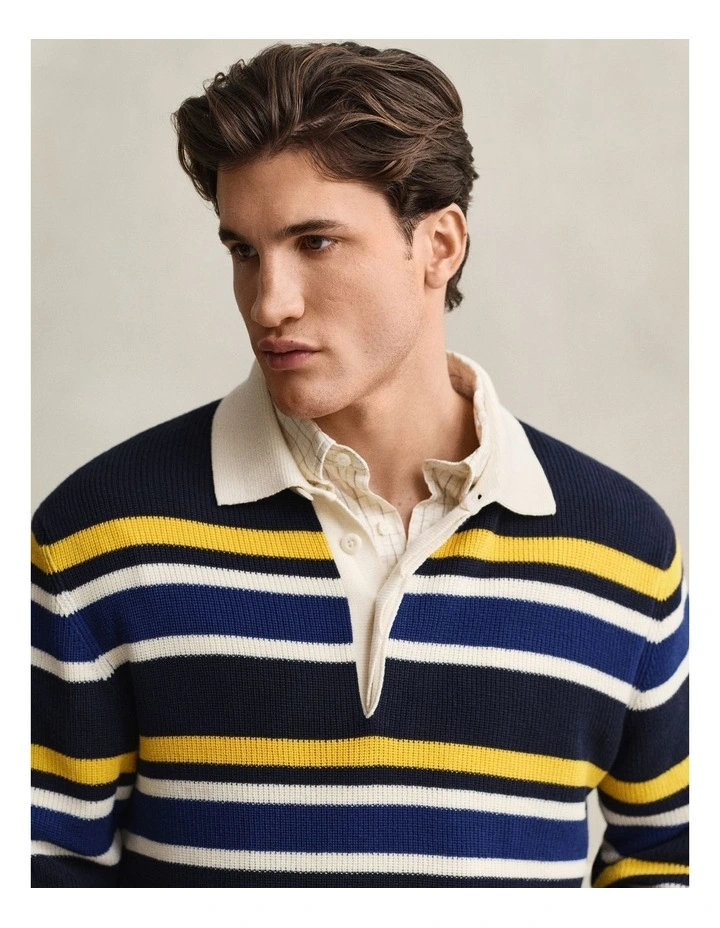 Striped Rib Polo Sweater in Evening Blue image 4