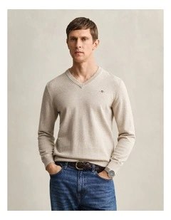 Classic Cotton V-Neck Sweater in Oat Melange
