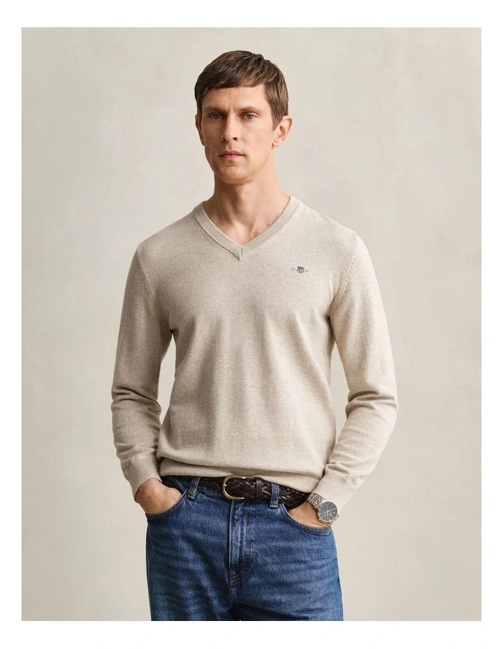 Classic Cotton V-Neck Sweater in Oat Melange image 1