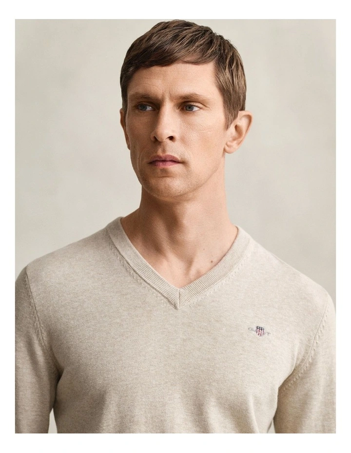 Classic Cotton V-Neck Sweater in Oat Melange image 3