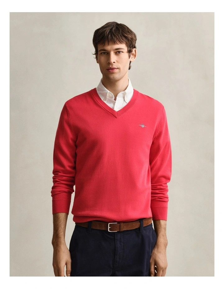 Classic Cotton V-Neck Sweater in Rose Red image 1