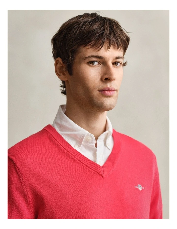 Classic Cotton V-Neck Sweater in Rose Red image 3
