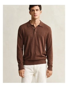Slub Cotton Blend Polo Sweater in Hazelnut Melange