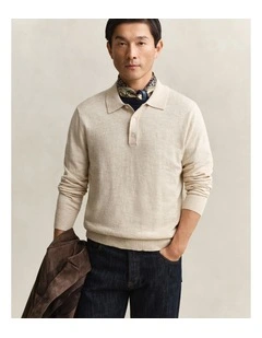 Slub Cotton Blend Polo Sweater in Seed Melange