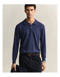 Slub Cotton Blend Polo Sweater in Dark Indigo Melange