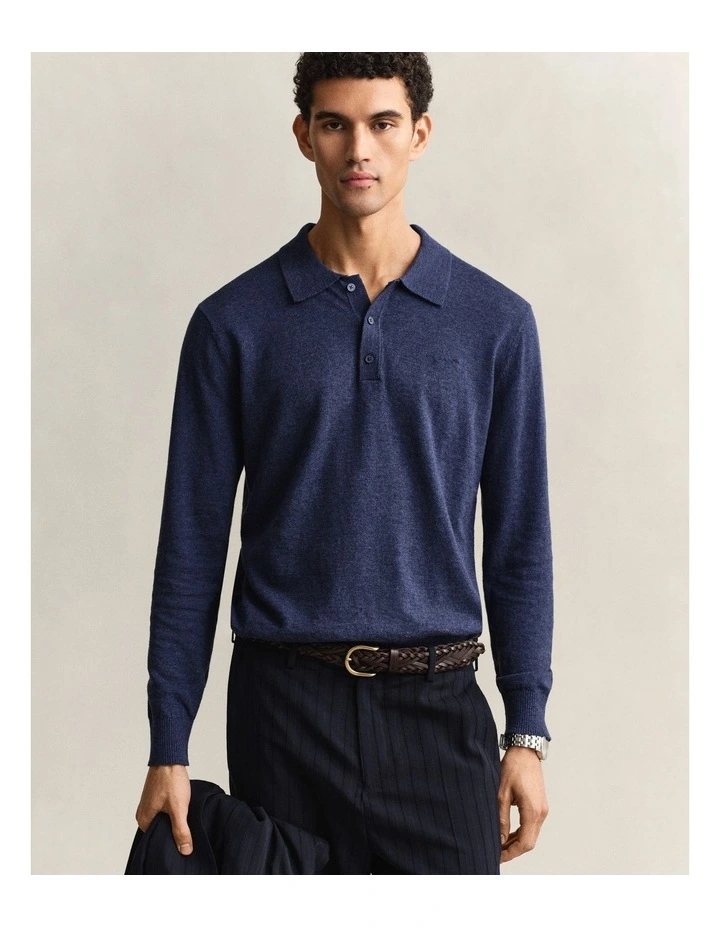 Slub Cotton Blend Polo Sweater in Dark Indigo Melange image 1