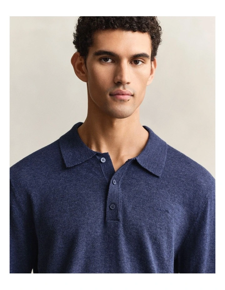 Slub Cotton Blend Polo Sweater in Dark Indigo Melange image 3