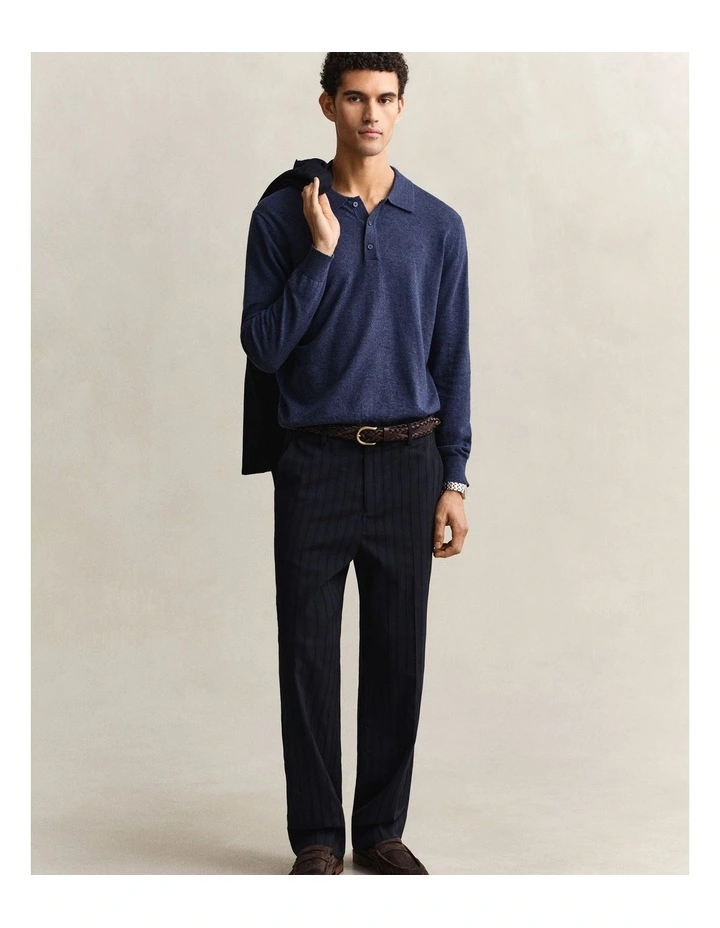Slub Cotton Blend Polo Sweater in Dark Indigo Melange image 4
