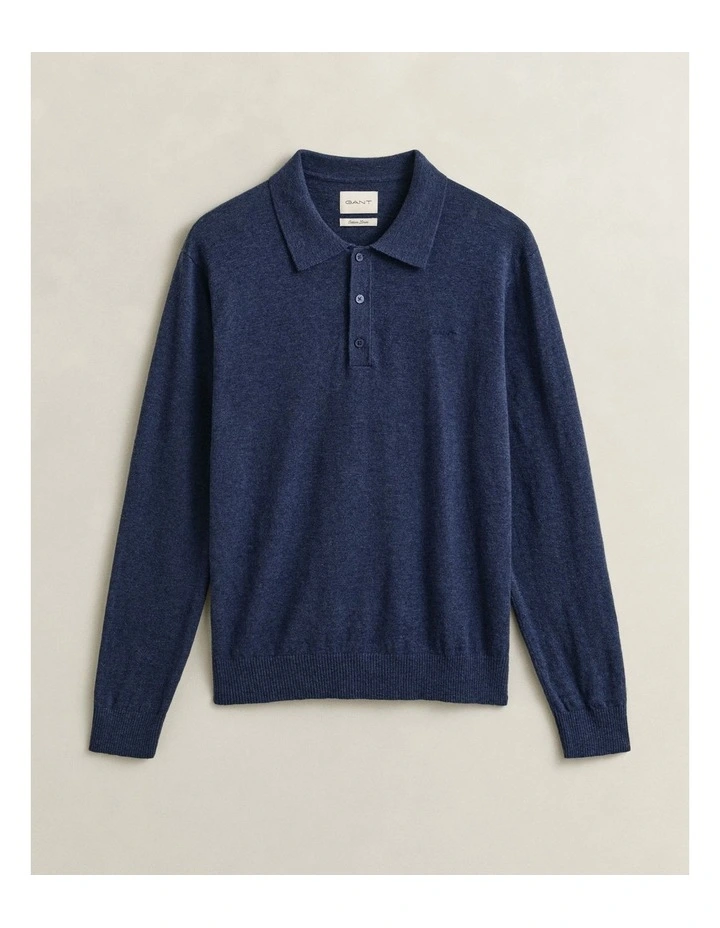 Slub Cotton Blend Polo Sweater in Dark Indigo Melange image 5