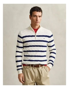 Striped Cotton Cable Knit Half-Zip Sweater in Cream