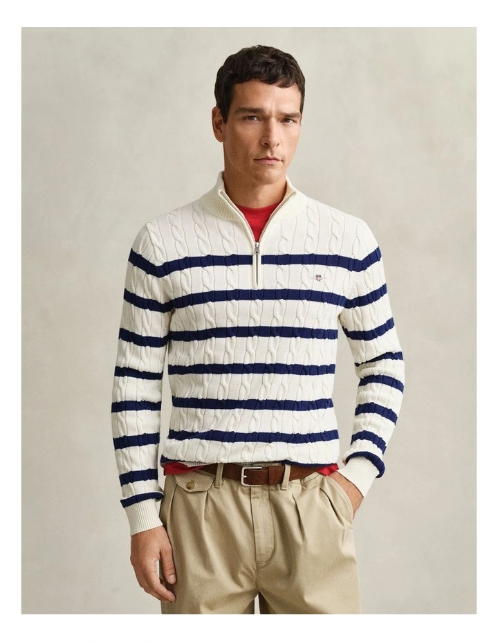 Striped Cotton Cable Knit Half-Zip Sweater in Cream image 1