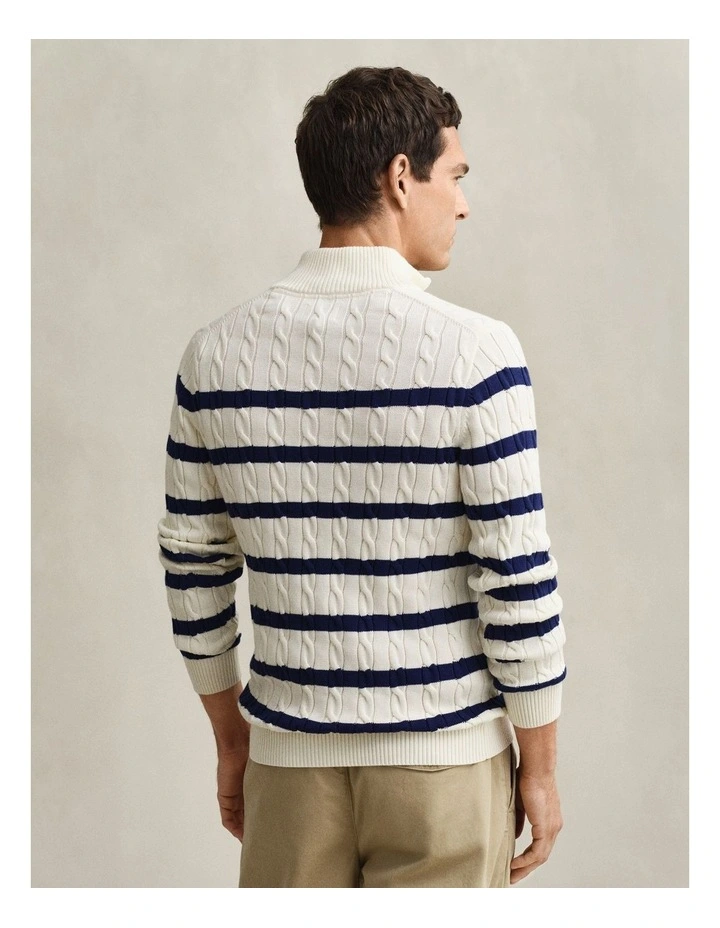 Striped Cotton Cable Knit Half-Zip Sweater in Cream image 2