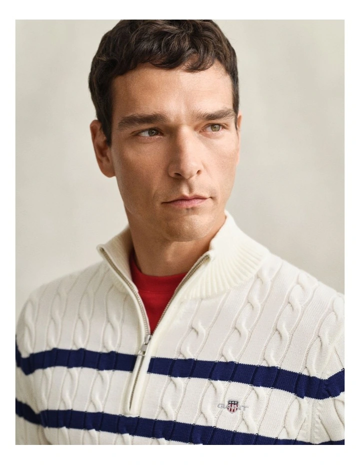 Striped Cotton Cable Knit Half-Zip Sweater in Cream image 3