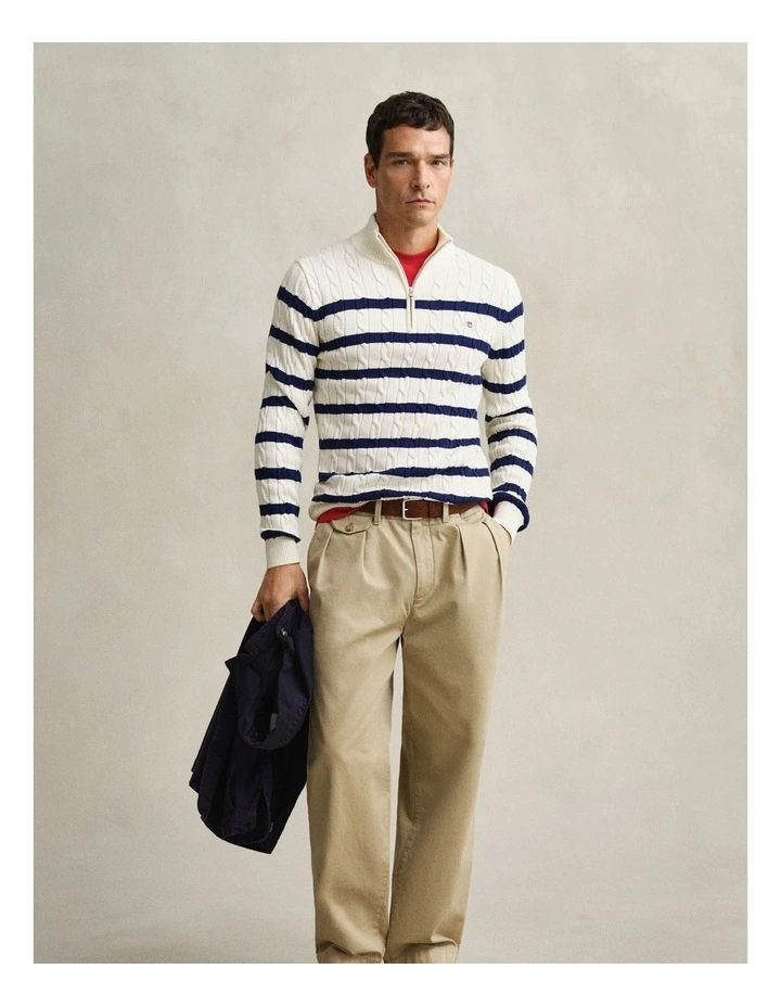 Striped Cotton Cable Knit Half-Zip Sweater in Cream image 4