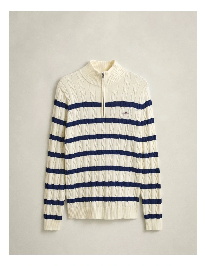 Striped Cotton Cable Knit Half-Zip Sweater in Cream image 5