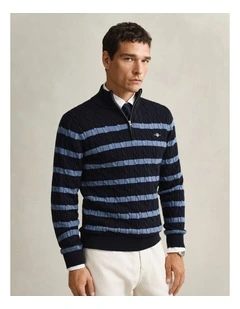 Striped Cotton Cable Knit Half-Zip Sweater in Evening Blue