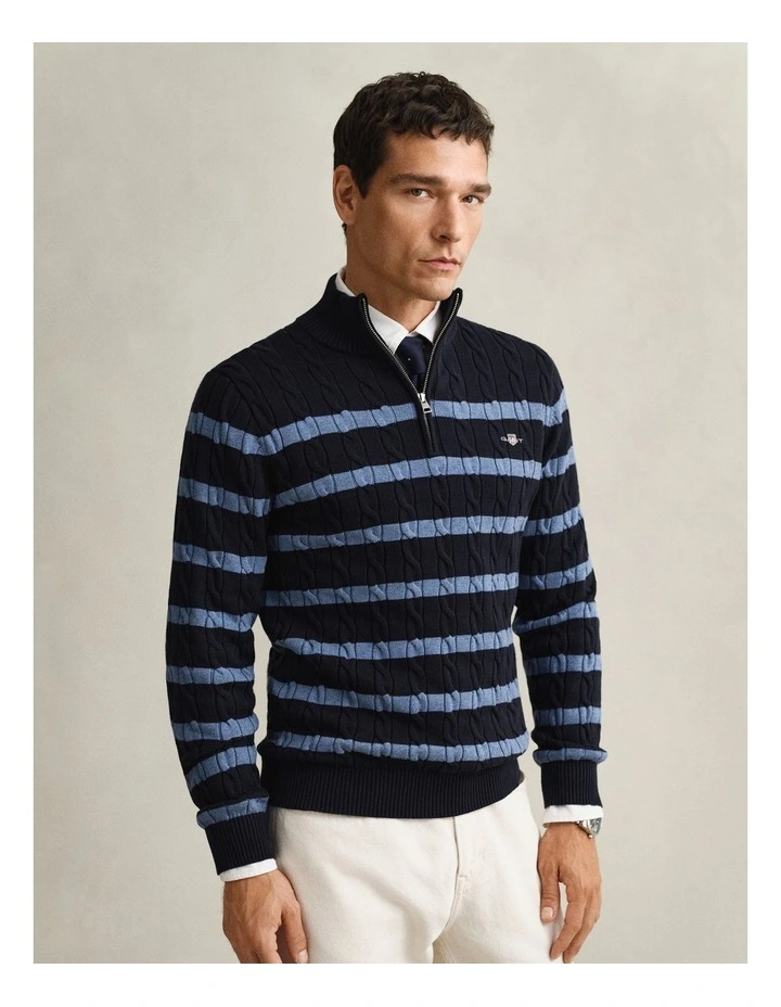 Striped Cotton Cable Knit Half-Zip Sweater in Evening Blue image 1