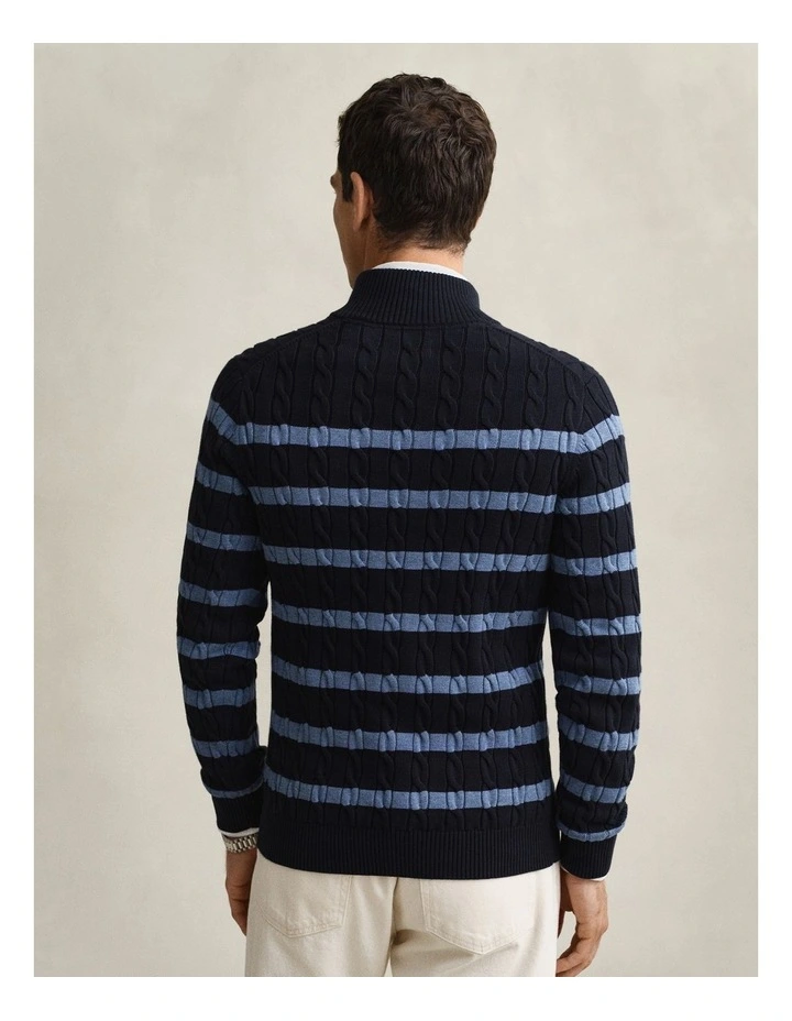 Striped Cotton Cable Knit Half-Zip Sweater in Evening Blue image 2